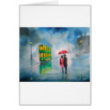 RAINY DAY RED UMBRELLA tram street scene PAINTING card