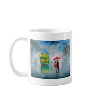 RAINY DAY RED UMBRELLA tram street scene PAINTING mug