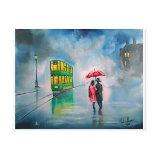 RAINY DAY RED UMBRELLA tram street scene PAINTING postcard