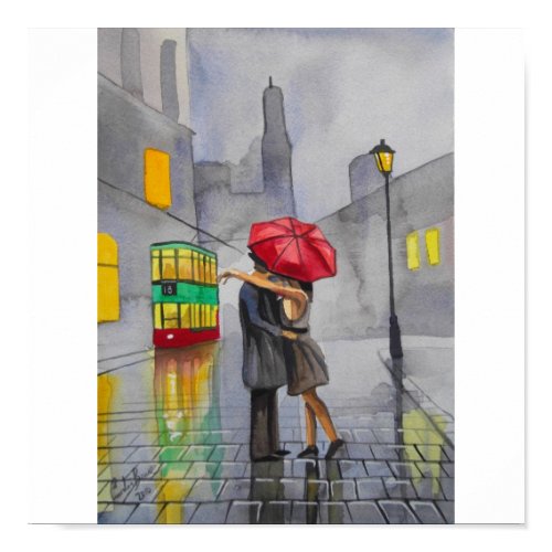 RAINY DAY RED UMBRELLA tram street scene PAINTING print
