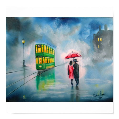 RAINY DAY RED UMBRELLA tram street scene PAINTING print
