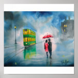 RAINY DAY RED UMBRELLA tram street scene PAINTING posters