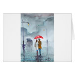 Rainy day romantic couple red umbrella painting greeting card