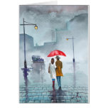 Rainy day romantic couple red umbrella painting cards