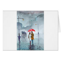 Rainy day romantic couple red umbrella painting greeting card