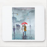 Rainy day romantic couple red umbrella painting mouse pad
