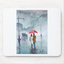 Rainy day romantic couple red umbrella painting mouse pad