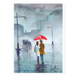 Rainy day romantic couple red umbrella painting postcard