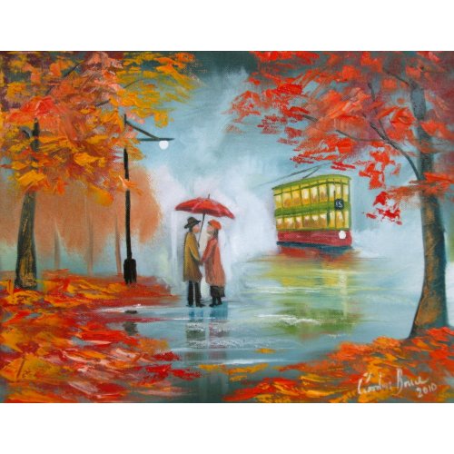 Rainy day romantic couple tram autumn print