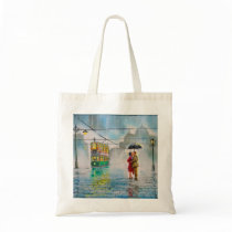 rainy day romantic couple umbrella tram painting bags