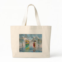 rainy day romantic couple umbrella tram painting bags