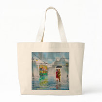 rainy day romantic couple umbrella tram painting bags