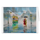 rainy day romantic couple umbrella tram painting greeting card