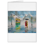 rainy day romantic couple umbrella tram painting card