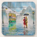 rainy day romantic couple umbrella tram painting drink coaster rainy day romantic couple umbrella tram painting drink coaster