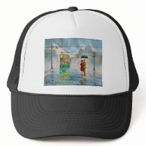 rainy day romantic couple umbrella tram painting hats