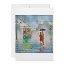 rainy day romantic couple umbrella tram painting invitations