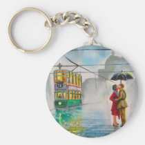 rainy day romantic couple umbrella tram painting keychains