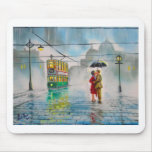rainy day romantic couple umbrella tram painting mouse pads