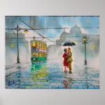 rainy day romantic couple umbrella tram painting poster