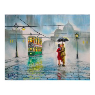 rainy day romantic couple umbrella tram painting print