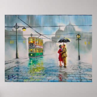 rainy day romantic couple umbrella tram painting poster