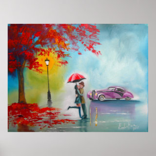 Rainy day umbrella kissing couple painting