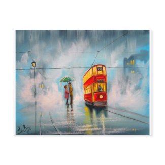 RAINY DAY UMBRELLA RED TRAM romantic couple postcard