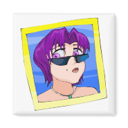 Ran has short green hair purple eyes and sunglasse fridge magnet