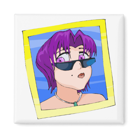 Ran has short green hair purple eyes and sunglasse fridge magnet