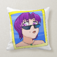 Ran has short green hair purple eyes and sunglasse throw pillows