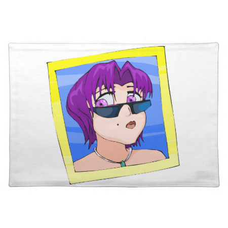 Ran has short green hair purple eyes and sunglasse placemat