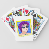 Ran has short green hair purple eyes and sunglasse bicycle card decks
