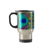Random multicolored kaleidoscopic flames in blue mugs