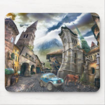 bent, leaning, suv, car, scenery, countryside, village, towers, road, street, weird, dreamland, old, buildings, wonderland, cow, houses, houk, art, artwork, illustration, digital art, digital realism, surreal, surreal art, fantasy, fairytales, gifts, gift, eerie, fun, funny, chic, adorable, mystic, Mouse pad with custom graphic design