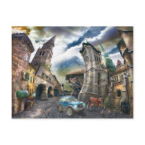 bent, leaning, scenery, towers, dreamland, illustration, digital art, surreal art, fantasy, eerie, award, old, buildings, wonderland, cow, way, home, houses, houk, art, artwork, surreal, gifts, gift, fun, funny, bestsellers, adorable, Postcard with custom graphic design