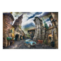 bent, suv, car, scenery, countryside, village, road, digital art, surreal art, funny, leaning, towers, street, weird, dreamland, old, buildings, wonderland, cow, houses, houk, art, artwork, illustration, digital realism, surreal, fantasy, fairytales, gifts, gift, eerie, fun, chic, adorable, mystic, [[missing key: type_perfectposte]] com design gráfico personalizado