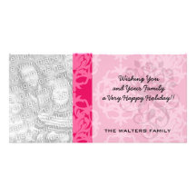 Raspberry and pink damask personalized photo card