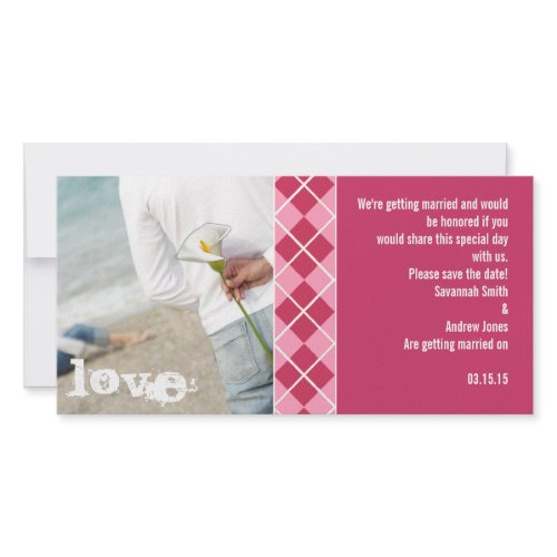 Raspberry Argyle and Pink Save the Date Modern Inv photocard