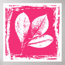 Raspberry Leaves Woodcut in Pink and White Posters