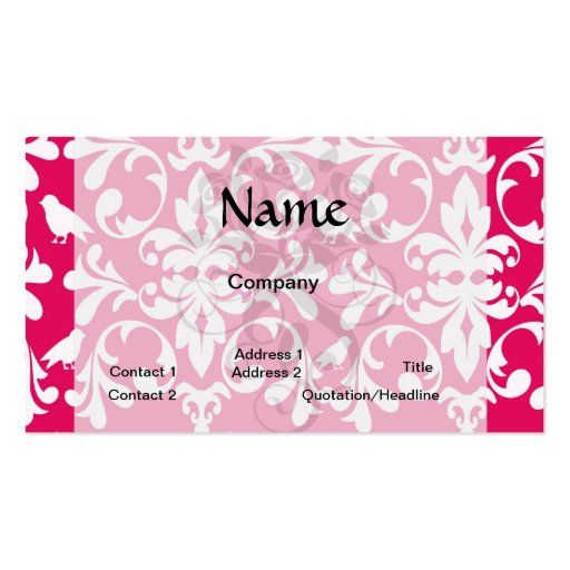 raspberry white bird damask business card (front side)