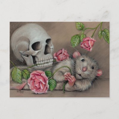Rat Rose Skull Postcard drawing by KMCoriginals