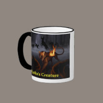 Ratha and her creature, with titles mugs
