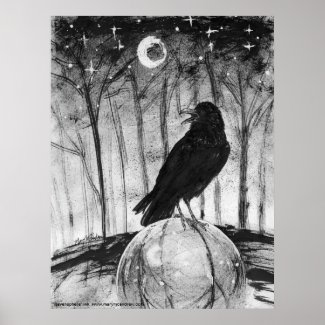 Raven (black bird) in woods with Moon and stars Poster