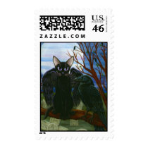 Raven's Moon Black Cat Crow Gothic Art Postage