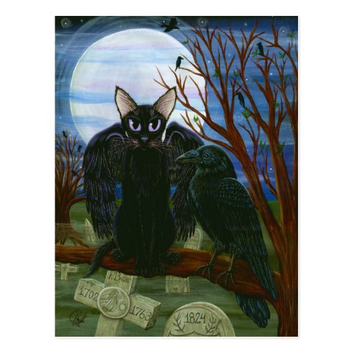 Raven's Moon Black Cat Crow Gothic Art Postcard