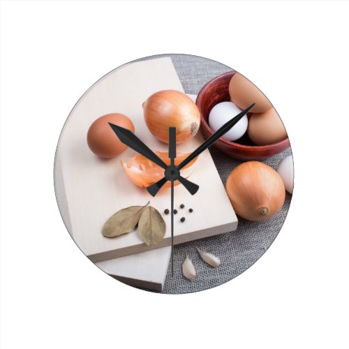 Raw ingredients for natural food in vintage style round clock Raw ingredients for natural food in vintage style round clock