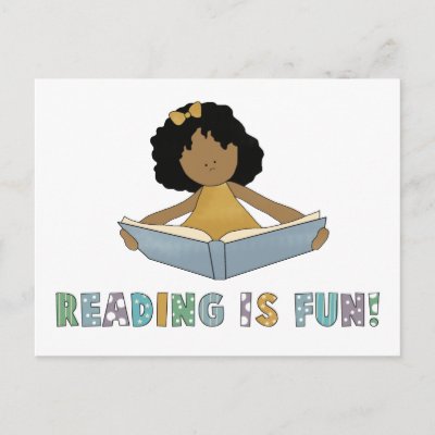 This cute cartoon girl's reading because reading is fun!