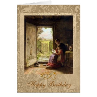 Reading Lesson Girl and Woman Hardy 1888 Birthday Greeting Card