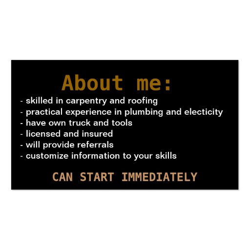 READY TO WORK now.Job Search.Make Money.Labor Business Card (back side)